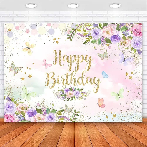 Avezano Telón de fondo de cumpleaños de mariposas, flores coloridas, decoración de cumpleaños para niñas, princesa, mariposa, feliz cumpleaños,