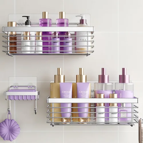 Miniatura 8 de ODesign Organizador de ducha de acero inoxidable SUS304, 3 unidades, sin taladrar, estante de baño, montado en la pared, organizador adhesivo