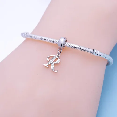 Miniatura 82 de ABUN Abalorio de plata de ley 925 con letra A a la Z, espaciador de inicial, con circonita cúbica transparete colgante, auténtica, para pulseras