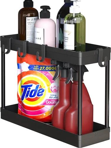 Simple Houseware Bandeja organizadora de 2 niveles para debajo del fregadero con ganchos, color negro