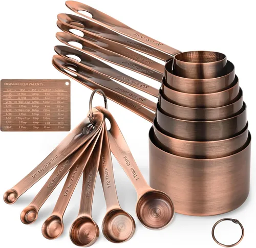 Miniatura 10 de Juego de tazas y cucharas medidoras, juego de tazas y cucharas medidoras de cobre para cocina y hornear, acero inoxidable, 5 tazas y 6 cucharas