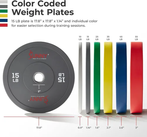 Miniatura 2 de Sunny Health & Fitness Elite 2-Inch Rubber Olympic Bumper Weight Plate 10-55 LB with Steel Hub for Home Gym, Squat Rack, Strength Training, Barbell