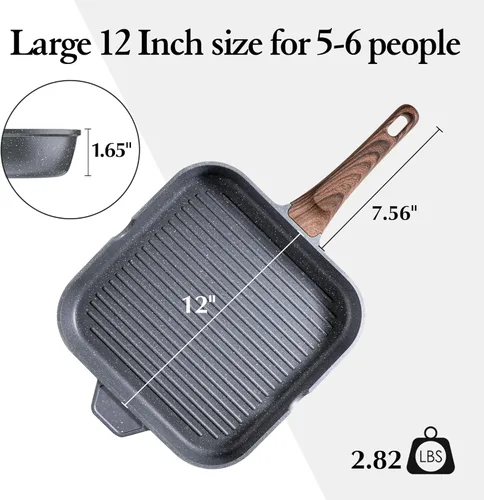 Miniatura 7 de SENSARTE Sartén Parrilla Antiadherente para Estufas, Plancha Versátil con Boquillas de Vertido, Superficie de Cocción Grande Cuadrada, Sartén Gris