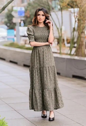 Miniatura 115 de BTFBM Vestidos para mujer, cuello redondo, casual, de verano, con volantes, manga corta, bohemio, con niveles, fruncido, largo, con estampado floral