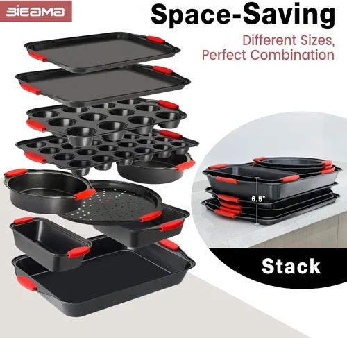 Miniatura 6 de BIEAMA - Juego de sartenes antiadherentes para hornear de 13 piezas Bandeja apilable de acero al carbono sin BPA, bandeja para galletas, pasteles