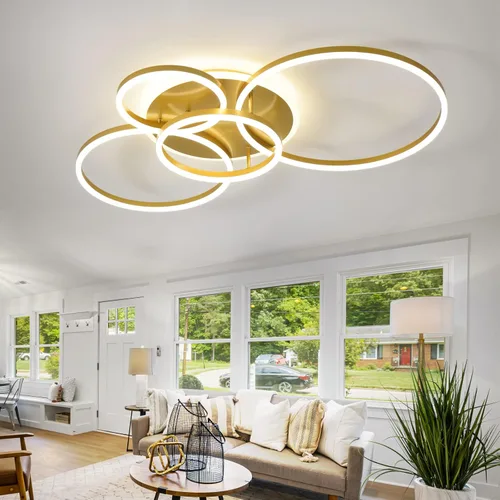 Miniatura 8 de Lámpara de techo LED moderna de 106 W, regulable, lámpara de techo acrílica LED con control remoto, 6 anillos, luz de techo de montaje al ras, Dorado