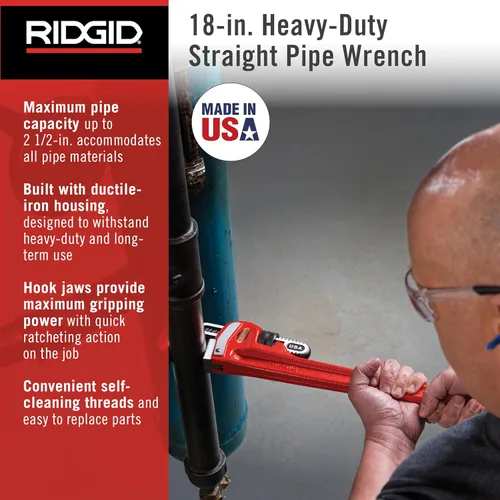 Miniatura 3 de RIDGID 31025 Llave de tubo recta modelo 18 resistente, llave de fontanería de 18 pulgadas