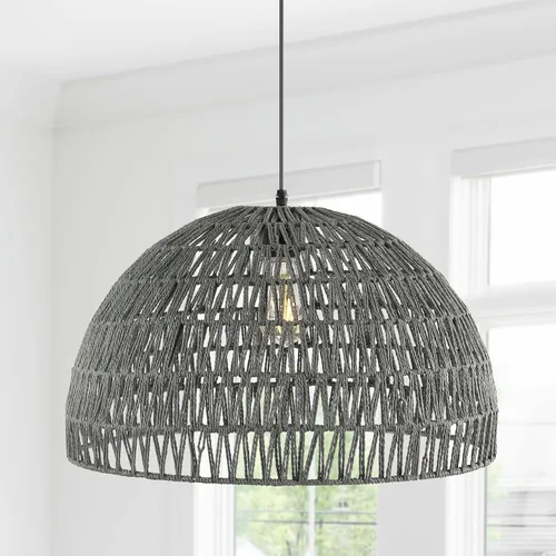 Miniatura 5 de JONATHAN Y Lámpara colgante LED de cuerda tejida bohemia moderna gris de 20 pulgadas, lámpara de techo de cúpula ajustable para isla de cocina