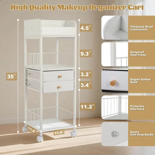 Miniatura 2 de Organizador de maquillaje, carrito de almacenamiento, organizador de cuidado de la piel con 2 cajones, organizador de maquillaje para cosméticos