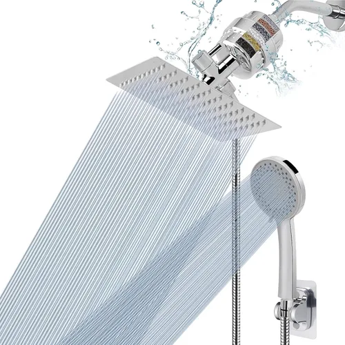 NearMoon Cabezal de ducha filtrado, cuadrado de alta presión de 8 pulgadas, 5 ajustes de filtro de ducha de lluvia de mano con soporte Cromo