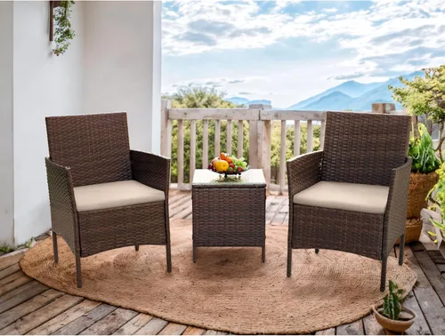 Miniatura 9 de Flamaker Juego de muebles de patio de 3 piezas de ratán para todo tipo de clima, muebles de exterior, sillas de patio con mesa de vidrio templado