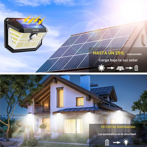 Miniatura 2 de TECKNET 231 luces LED solares de movimiento al aire libre impermeables, juego de 4 unidades con ángulo de 300° y 3 modos de iluminación, luces