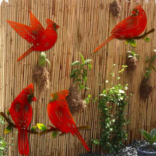 Miniatura 8 de Paquete de 4 piezas de arte de pared cardenal de metal, decoración de pájaros de metal 3D, adornos hechos a mano, pájaro rojo ágil, regalos