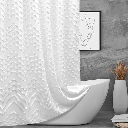 Miniatura 31 de Cortina de ducha bohemia beige de 72 x 72 pulgadas, moderna cortina de ducha estilo granja, bohemio, elegante, con textura de cheurón, cortinas