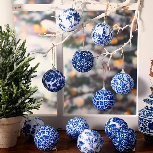 Miniatura 2 de Preboun 12 adornos de bola Chinoiserie de Navidad azules y blancos, decoración de árbol Chinoiserie, adornos colgantes de árbol de Navidad