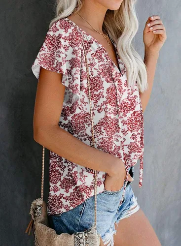 Miniatura 2 de SimpleFun Blusa de verano de manga corta con cuello en V floral para mujer