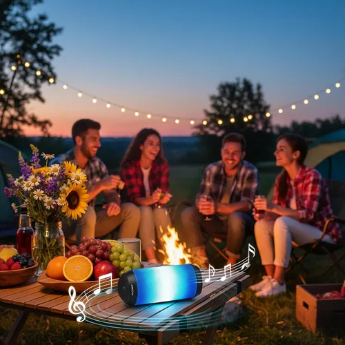 Miniatura 9 de Altavoz Bluetooth portátil, potente sonido estéreo HD, IPX4 impermeable, hasta 36 horas de reproducción, 8 modos de luz LED fría, emparejamiento