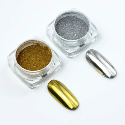 Polvo cromado metálico – 2 tarros de uñas espejo efecto purpurina pigmento polvo oro plata para puntas de manicura con aplicadores de esponja Polvo