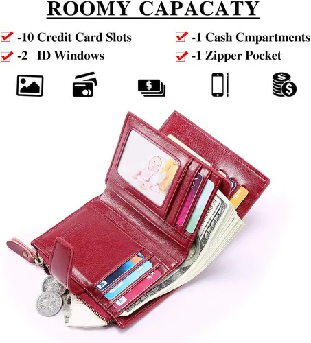 Miniatura 2 de FALAN MULE - Cartera de cuero auténtico para mujer, pequeña, plegable y compacta, con bloqueo de interferencia de radiofrecuencia (RFID)