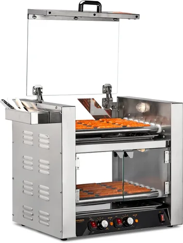 Miniatura 9 de ROVSUN Hot Dog Roller con 11 asadores para 30 hot dogs, máquina de cocción eléctrica de asador con cubierta, control de temperatura dual