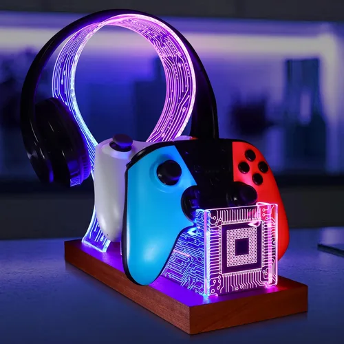 Miniatura 9 de YuanDian Gamer Gifts for Teenage Boy, Can't Hear You I'm Gaming Headset and Controller Stand, Acrylic Wooden Controller Holder with Blue Pink LED