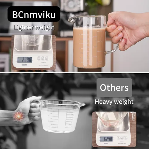 Miniatura 3 de BCnmviku Taza medidora de vidrio de 500ML 2 tazas con asa, vidrio de borosilicato alto tres escalas
