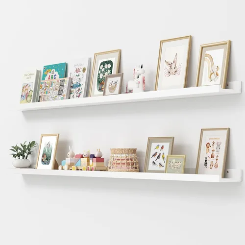 Miniatura 51 de FLYJOE Estante de repisa de fotos para pared, 24 pulgadas de madera de fresno maciza, estantes para libros de guardería, estantes flotantes