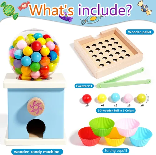 Miniatura 3 de QimuMku Máquina de chicles de madera de 9.6 pulgadas, juguetes Montessori para niños de 3, 4 y 5 años, juguete de actividades de aprendizaje Máquina