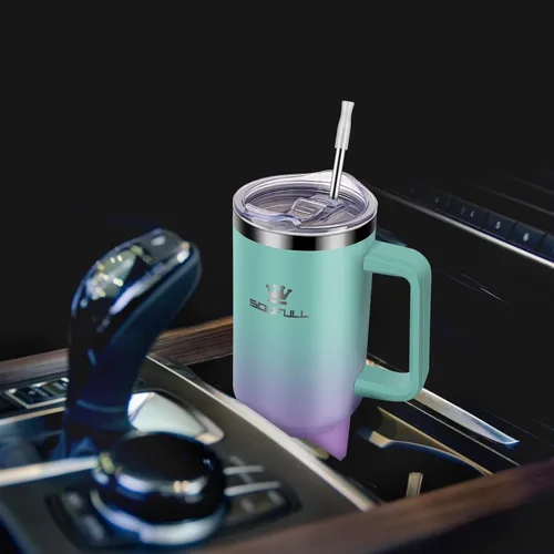 Miniatura 8 de Vaso de 40 onzas con asa y tapa con popote, taza de café de viaje 100% a prueba de fugas, taza aislada de acero inoxidable para bebidas frías