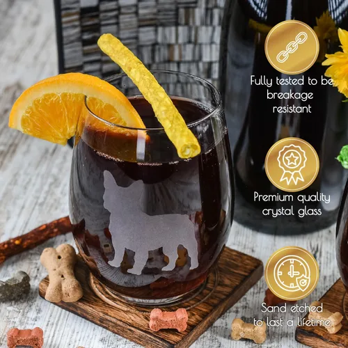 Miniatura 3 de Greenline Goods Copas de vino sin tallo de Bulldog Francés (Juego de 2) - Único para amantes de perros - Silueta de Frenchie de 2 caras grabada