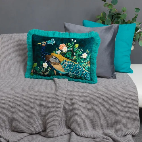 Miniatura 8 de JWH Funda de almohada con estampado de flores de pavo real azul y verde, funda de almohada decorativa de chenilla con borlas para cama, sala