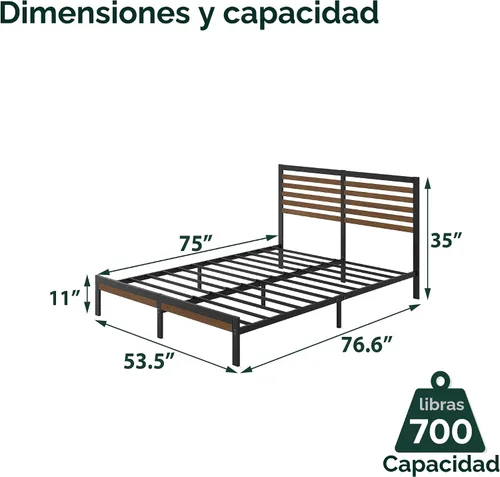 Miniatura 2 de Zinus Kai - Marco de cama de plataforma de bambú y metal con cabecero, no necesita somier, fácil de montar, tamaño matrimonial, color marrón