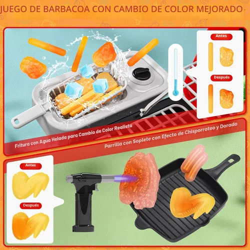 Miniatura 3 de Juguetes de cocina para niños de 86 piezas: juego de parrilla para niños con humo, sonido, luz, UV y agua que cambia de color, juego de cocina