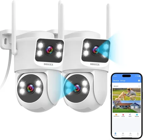 Sistema de cámara de seguridad WiFi de doble lente de 4 MP, visión amplia de 130° + seguimiento automático PTZ, banda dual de 2.4G/5.8G, cámara de
