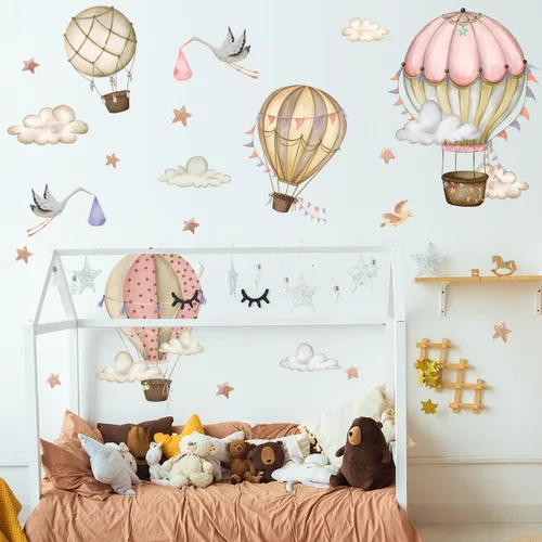 Miniatura 6 de Globos de aire caliente extraíbles, calcomanías de pared, globos de acuarela, pájaros, estrellas, calcomanías de pared, pintura a mano, globos