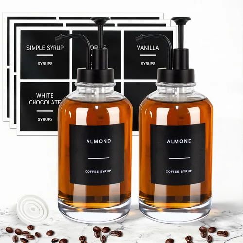 Dispensador de jarabe de café para barra de café, juego de 2 botellas simples de vidrio con bomba y etiquetas, dispensador de jarabe de 16.9 oz