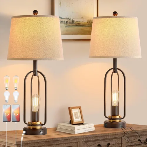 Miniatura 9 de Lámparas de Mesa Estilo Granja de 28.8" para Sala de Estar, Juego de 2, Lámparas Táctiles Regulables de 3 Vías con Puertos USB, Lámparas Rústicas