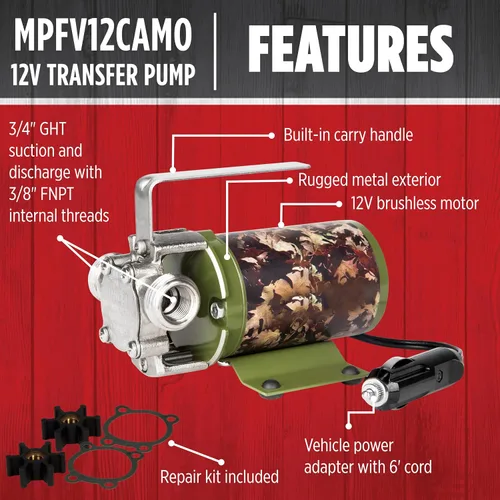 Miniatura 3 de Red Lion MPFV12CAMO 14942008 Bomba de transferencia multiusos no sumergible de 12 V, 300 GPH con adaptador de corriente para vehículo, camuflaje