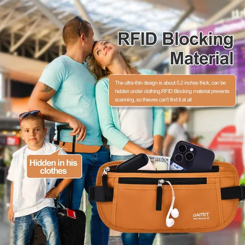 Miniatura 147 de DAITET Cinturón de dinero, soporte para pasaporte, cartera de viaje oculta segura con bloqueo RFID, riñonera encubierta (negro), Negro, Rfid