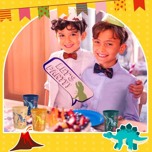 Miniatura 7 de Nuanchu Paquete de 24 vasos de plástico para fiesta de dinosaurios, suministros de cumpleaños, vaso de dinosaurio reutilizable para decoración