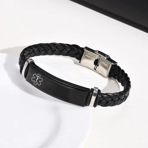 Miniatura 3 de MEALGUET Pulseras médicas personalizadas para hombres: grabado gratuito de acero inoxidable negro y cuero trenzado pulsera de alerta médica