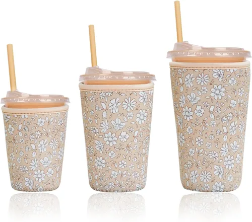 Miniatura 52 de Funda aislante reutilizable para taza de café helado, paquete de 3 fundas de neopreno para bebidas frías y calientes, soporte para bebidas para café