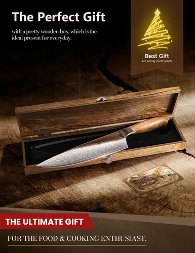 Miniatura 7 de Cuchillo de chef de Damasco en acero japonés, cuchillo de cocina de Damasco de 67 capas con caja de regalo de madera y mango de madera de olivo