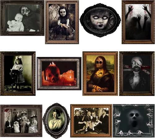 Decoraciones para fiestas de Halloween, 12 piezas desechables, imágenes encantadas, retratos góticos de mansión, fotos de terror, retratos