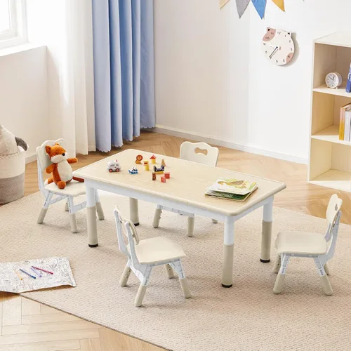 Juego de mesa y 4 sillas para niños, escritorio de estudio para niños, mesa de comedor, escritorio de plástico ajustable en altura ajustable, Grano