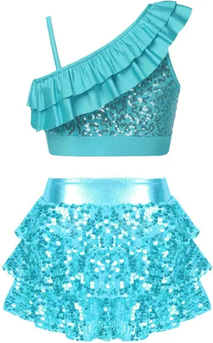 Miniatura 78 de JEATHA Top corto con borlas y lentejuelas brillantes para niñas, con minifalda, jazz latino, salsa, samba, rumba, baile