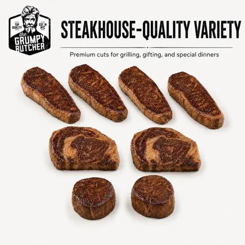 Miniatura 7 de Grumpy Butcher Aged 8 Steak Premium Set – 4 NY Strip, 2 Filet Mignon & 2 Ribeye Steaks – USDA Top Choice Beef Steak con opción de caja de regalo