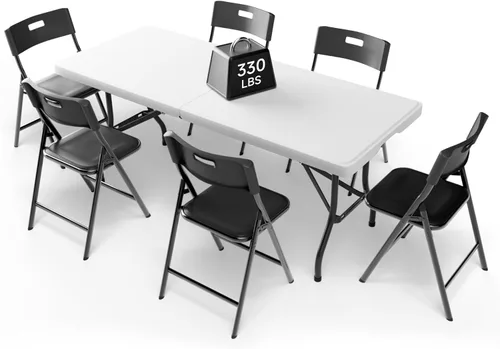 Miniatura 21 de Juego de mesa plegable de 6 pies con 4 sillas plegables, mesa resistente de 330 libras y sillas de 330 libras, paquete de muebles plegables Mesa