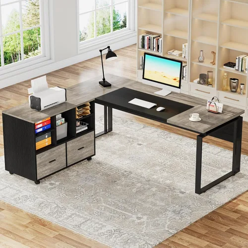 Miniatura 5 de Tribesigns Escritorio ejecutivo en forma de L con archivador reversible, escritorio de oficina de 63" con cajones de almacenamiento, escritorio