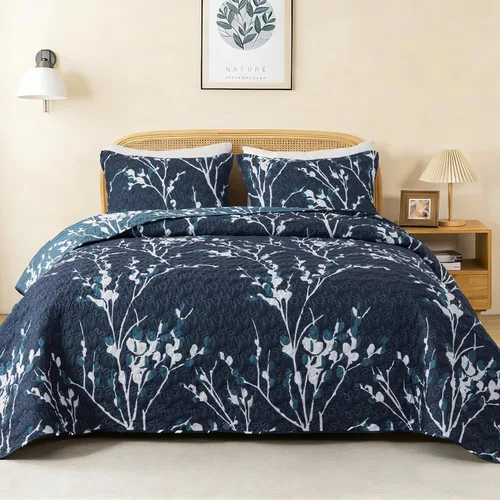 Miniatura 12 de Andency Edredón tamaño King gris azul (106 x 96 pulgadas), juego de ropa de cama ligero floral de 3 piezas, colcha acolchada de microfibra